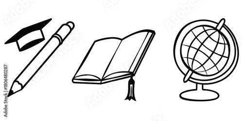 Education concept with graduation cap pencil book and globe in black and white