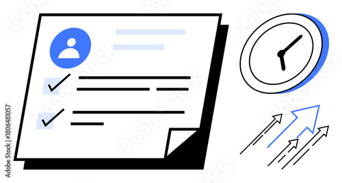 Task list with checkmarks, clock, and upward arrows symbolizing organization, deadlines, workflow, efficiency, goal-setting, progress and productivity. Ideal for work planning time tracking task