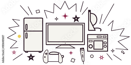 Line art illustration of household appliances with a modern and playful style