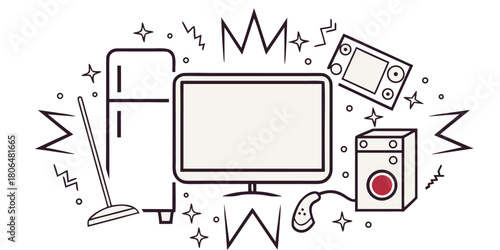 Line art illustration of home appliances with stars and abstract shapes around