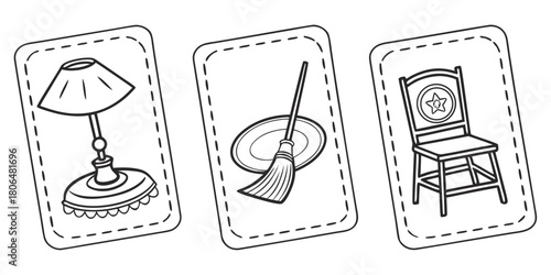 Flashcards featuring a lamp a broom and a chair for educational games