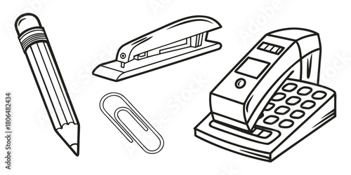 Black and white line art of office supplies including staplers and a pencil