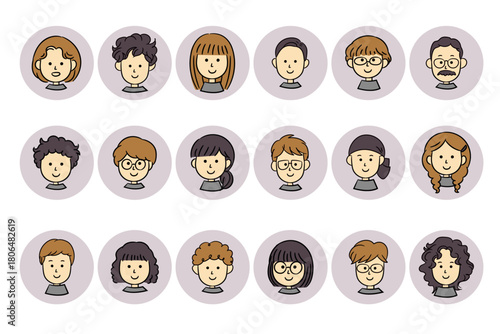 いろいろな人の顔シンプルアイコンイラスト_円形背景あり