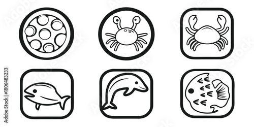 Black and white icons of sea creatures including fish crab and dolphin designs