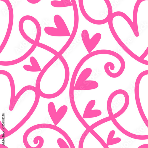 Vector seamless pattern with intertwining lines and hearts