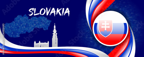 Photography Slovakia Flag with Map and Famous Landmarks in White, Blue, and Red Abstract Bac