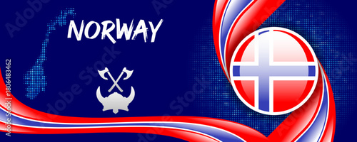 Norway Flag with Map and Famous Landmarks in Red, Blue, and White Abstract Background