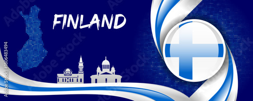 Finland Flag with Map and Famous Landmarks in Blue and White Abstract Background