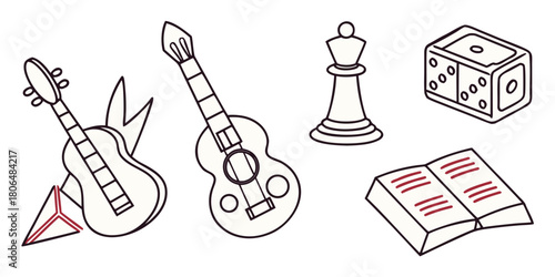 Line art illustration featuring guitars chess piece dice and open book design
