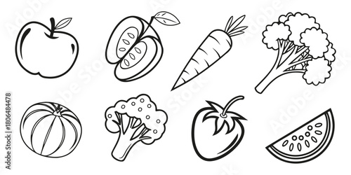 Black and white outline of healthy fruits and vegetables for coloring book page