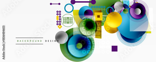 Abstract colorful shapes overlap. Circles, squares, lines create dynamic composition. Modern design element for backgrounds.