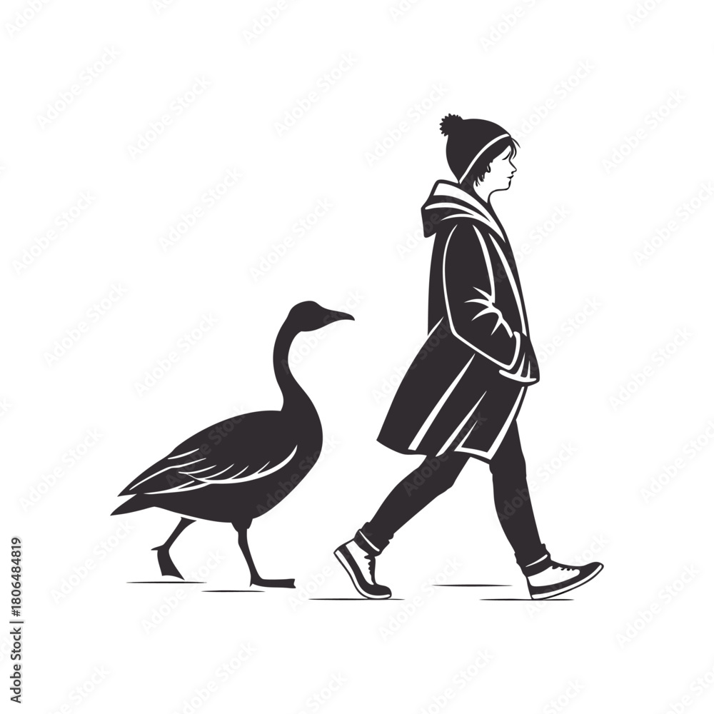 Fototapeta premium Person in winter coat walking with a goose silhouette