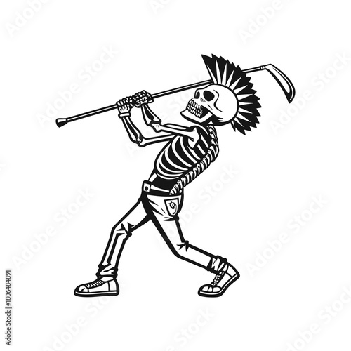 Punk rock skeleton golfer swinging a club with a mohawk