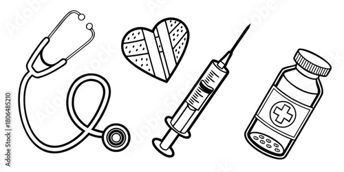 Medical equipment including stethoscope syringe pills and bandaged heart
