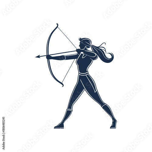Silhouette of a powerful archer drawing a bow and arrow in action