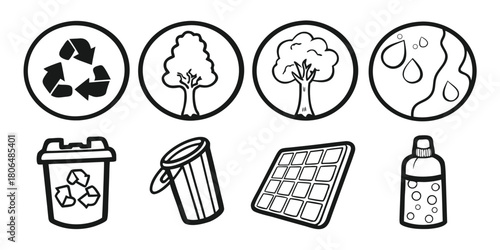 Environmental icons representing recycling trees water conservation and solar power