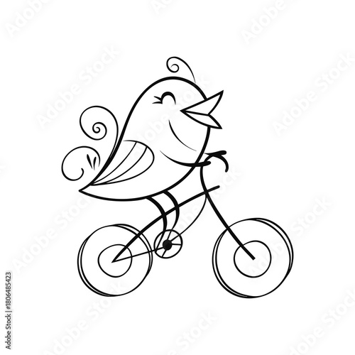 Whimsical bird riding a bicycle with a happy expression