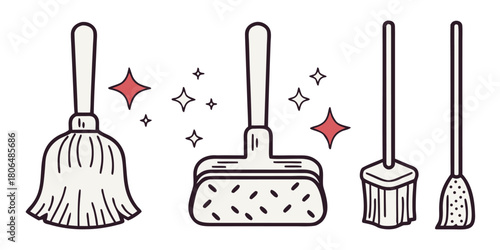 Variety of cleaning tools including mops and brooms with sparkling clean effect