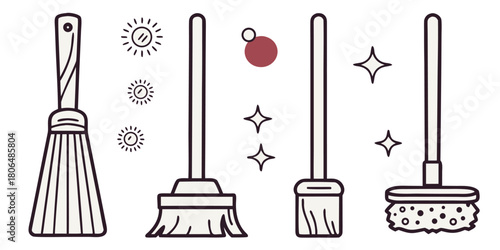 Variety of cleaning tools including brooms and brushes for household chores shown