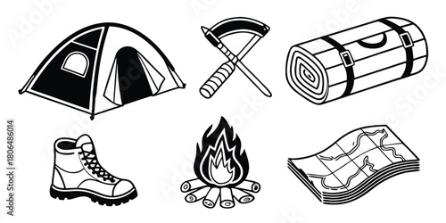 Camping essentials including a tent axe sleeping bag boot fire and map icon