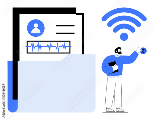 Folder containing medical records with patient data and ECG line, person activating wireless data sharing. Ideal for healthcare, telemedicine, technology, data management, diagnostics, networking