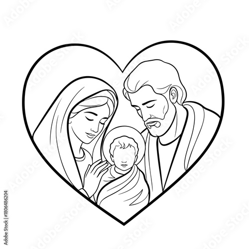 Holy Family Heart Shape Line Art for Religious Education, Faith-Based Blogs, Holiday Cards, Family Celebrations, and Spiritual Awareness