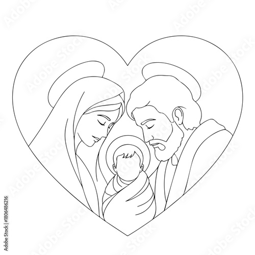 Holy Family Heart Shape Line Art for Inspirational Designs, Religious Content, Greeting Cards, Educational Materials, and Creative Projects