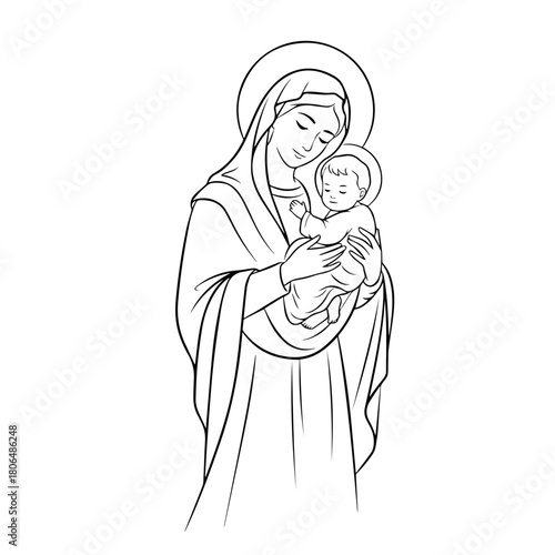 Mary Holding Baby Jesus in Line Art for Religious Blogs, Christian Education, Holiday Cards, Cultural Awareness, and Spiritual Websites