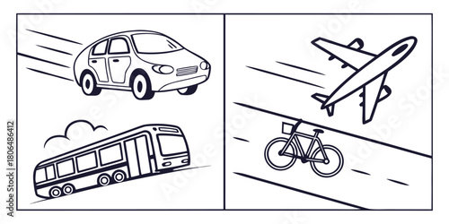Various modes of transportation including car bus airplane and bicycle icons