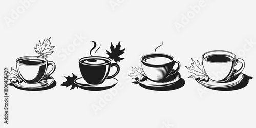 cup of coffee with autumn leaf sketch illustration vector set