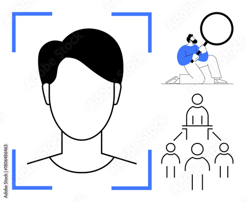 Large facial outline in focus alongside a researcher analyzing data and a hierarchical structure. Ideal for identity verification, data analysis, recruitment, communication, management, teamwork