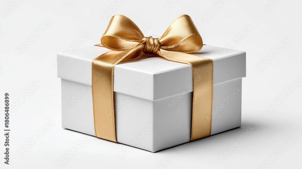 Obraz premium Elegant white gift box with a luxurious gold ribbon and bow on a white background