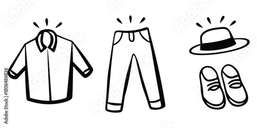 Outlined shirt pants hat and shoes arranged together in a simple fashion style
