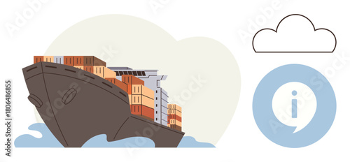 Cargo ship carrying stacked containers on the ocean, with an information icon and cloud graphic. Ideal for logistics, shipping, global trade, supply chain, transportation, maritime, and commerce