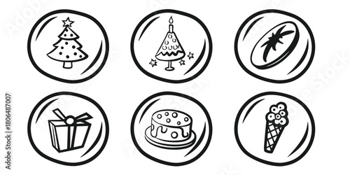 Festive holiday icons featuring christmas tree cake gift and ice cream treats