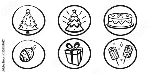 Holiday icons showing christmas tree cake gift ornament and party favors set