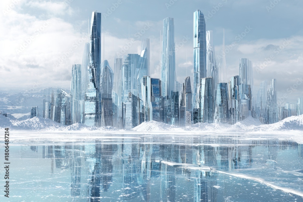 Fototapeta premium Futuristic Frozen Cityscape with Icy Blue Skyscrapers and Reflective Surface.