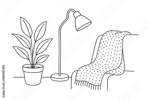Cozy home interior with floor lamp, potted plant, and draped blanket in linear style