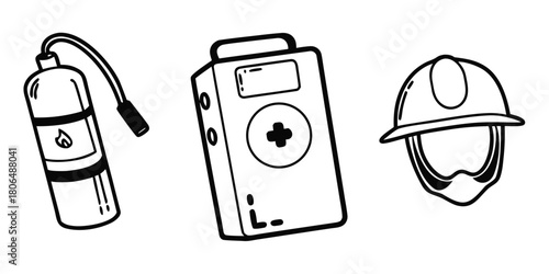 Fire safety equipment including extinguisher first aid kit and helmet outline