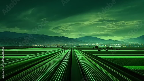 Enchanting Green Landscape Video: Serene Field, Mountains, and Distant City Lights
