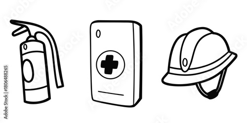 Safety first equipment including fire extinguisher first aid kit and hard hat
