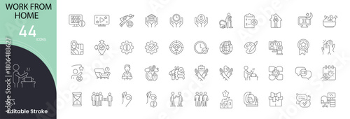 Work From Home icons set. Includes icons for remote work, laptop, home office, communication, productivity, virtual meeting, internet,and workflow.  Editable stroke.