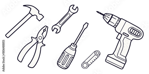 Hand drawn tools including a hammer wrench pliers screwdriver and drill