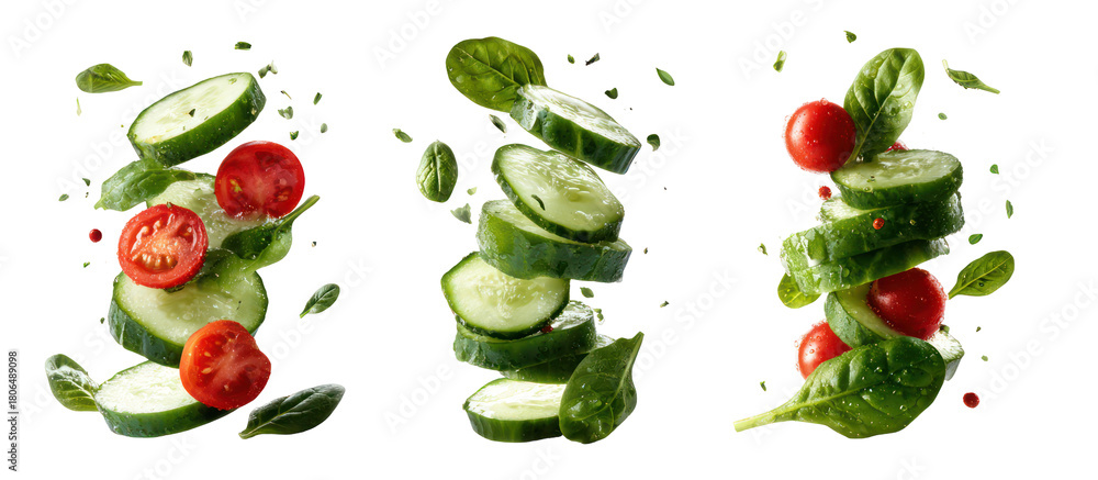 custom made wallpaper toronto digitalThree stacks of sliced cucumber and cherry tomatoes with basil leaves isolated on transparent background