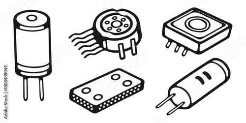 Assortment of electronic components including capacitors and integrated circuits