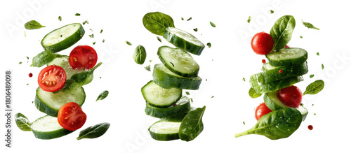 Wallpaper Mural Three stacks of sliced cucumber and cherry tomatoes with basil leaves isolated on transparent background Torontodigital.ca