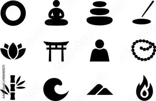 Asian Zen Spirituality Meditation and Relaxation Icons and Symbols Collection