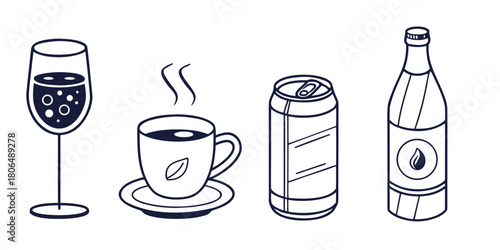 Assorted beverage icons featuring wine tea juice can and bottled water design