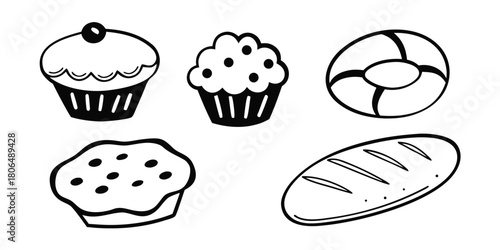 Assorted bakery goods including cupcakes pie donut and bread in black and white