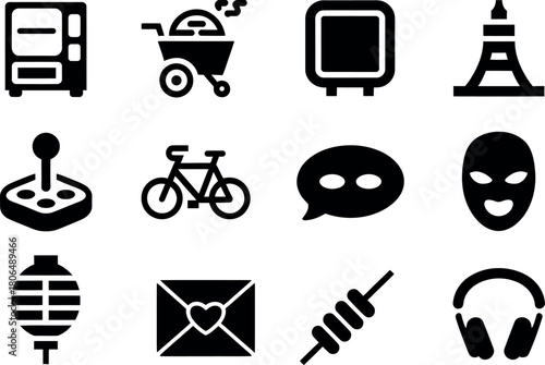 Collection of diverse black and white icons representing various interests